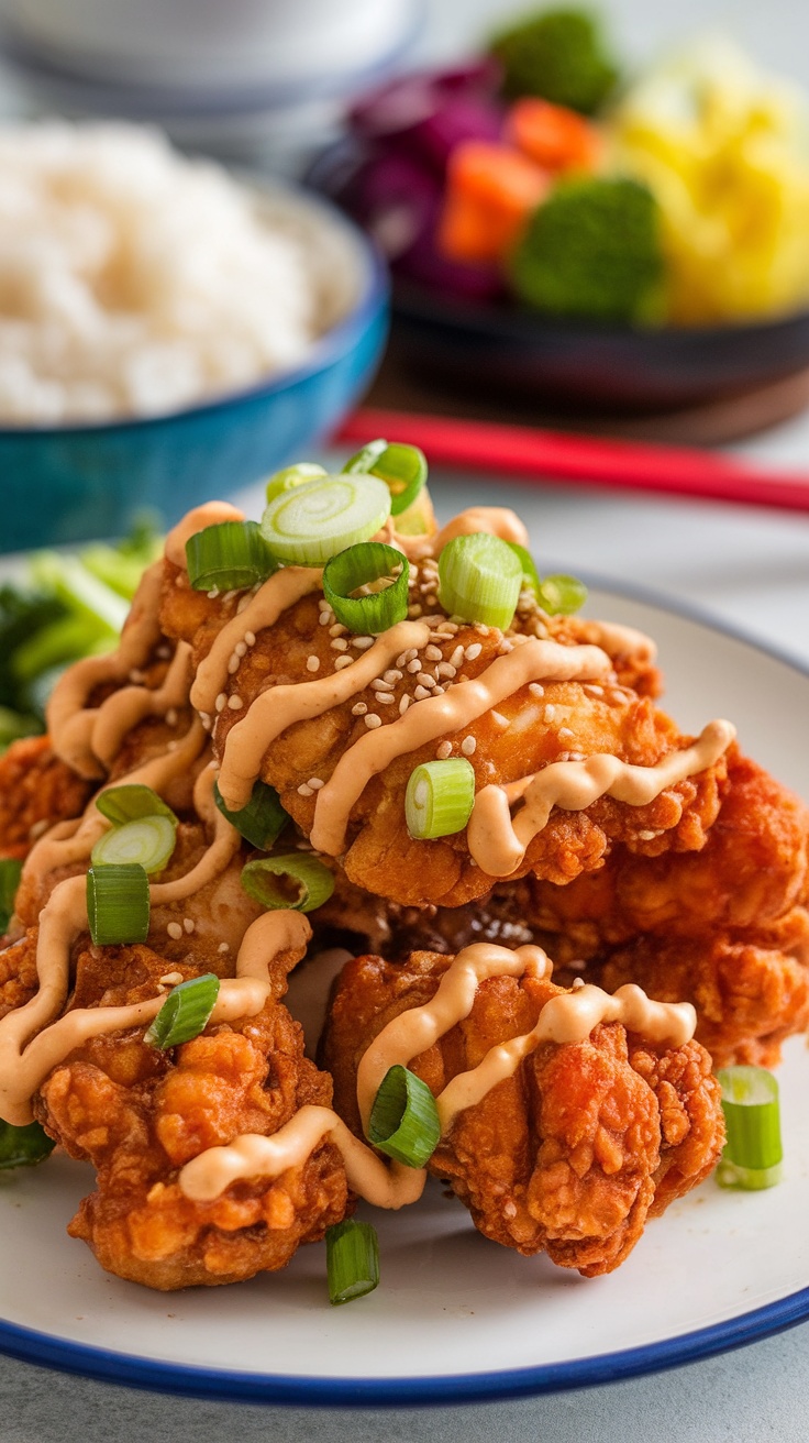 Crispy Bang Bang Chicken served with rice and vegetables, garnished with green onions and sesame seeds.